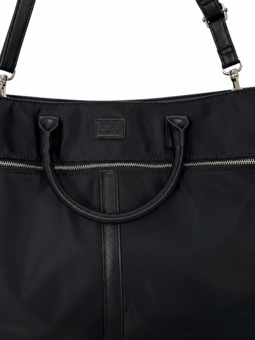 Roots 73 Black Nylon Tote Bag Shoulder Bag Leather Trim Work Travel Chic Purse